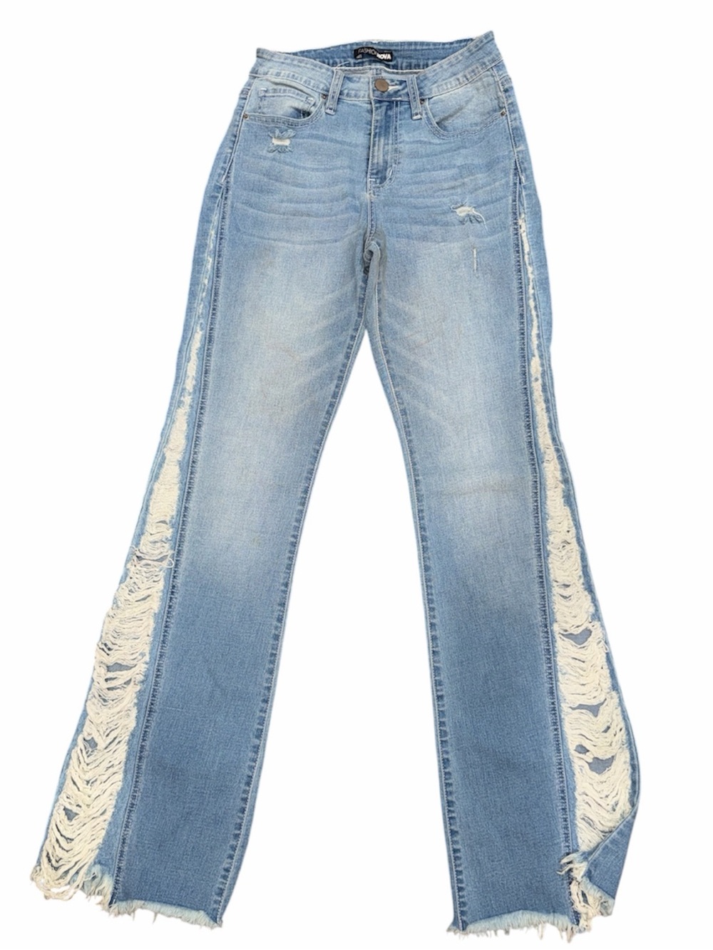 Fashion Nova, Size 7, Light Blue Wash, distressed shredded fringe-panel flare